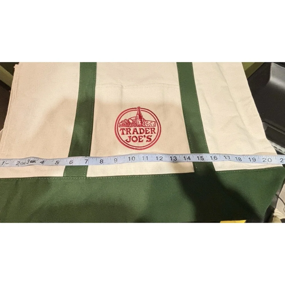 Trader Joe's Reusable Canvas Tote Bag Cream Green Embroidery 0080 9160